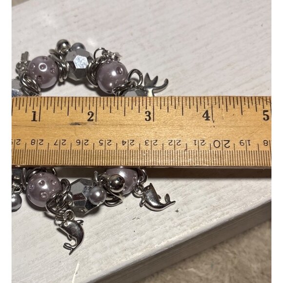 Vtg Charm Bracelet Silver Lavender Beaded Dolphin Starfish Key Accents Stretch - Picture 7 of 9